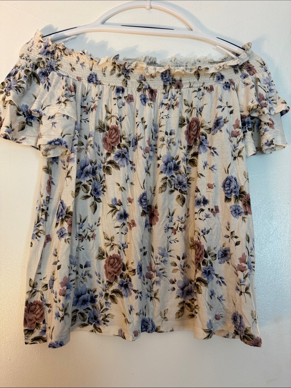 Floral Off-Shoulder Ruffle Women's Top - Cream with Blue & Pink Flowers